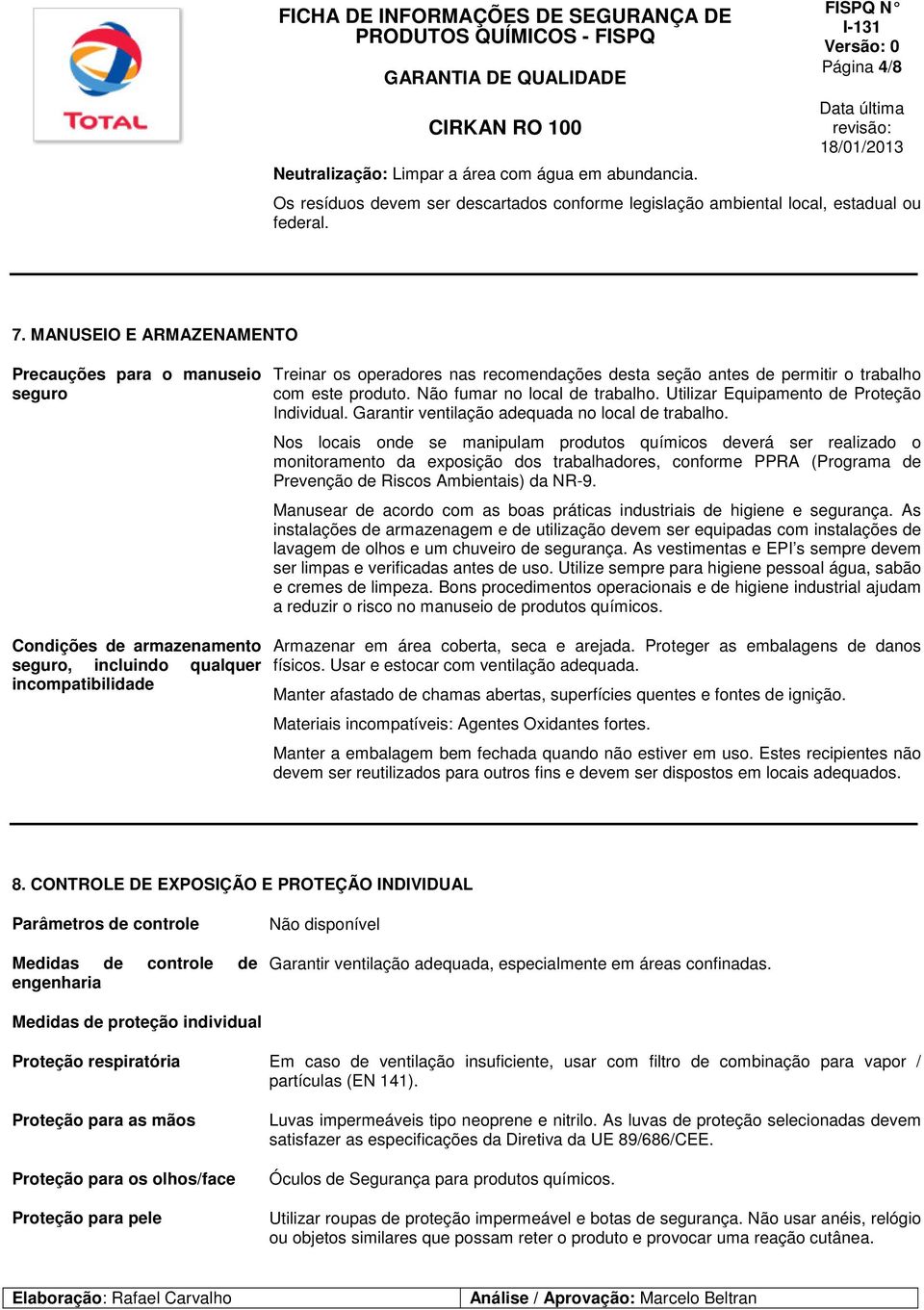 Utilizar Equipamento de Proteção Individual. Garantir ventilação adequada no local de trabalho.