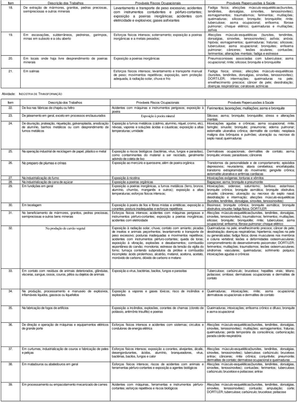 acidentes com eletricidade e explosivos; gases asfixiantes Esforços físicos intensos; soterramento; exposição a poeiras inorgânicas e a metais pesados; Exposição a poeiras inorgânicas Fadiga física;