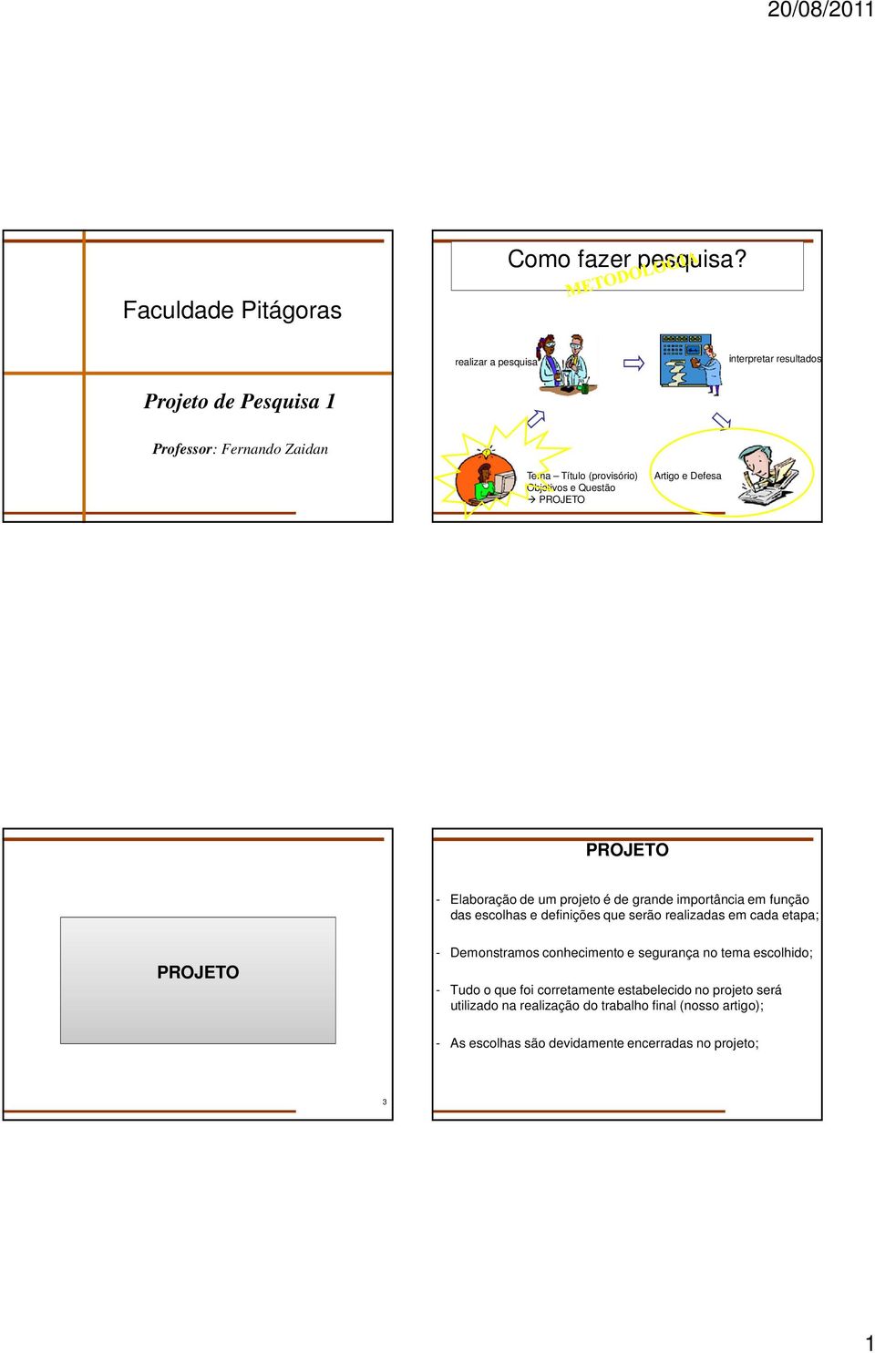 Objetivos e Questão PROJETO Artigo e Defesa PROJETO - Elaboração de um projeto é de grande importância em função das escolhas e definições que