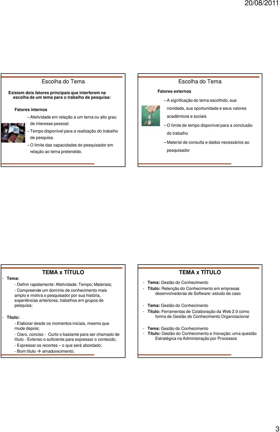 Escolha do Tema Fatores externos A significação do tema escolhido, sua novidade, sua oportunidade e seus valores acadêmicos e sociais O limite de tempo disponível para a conclusão do trabalho