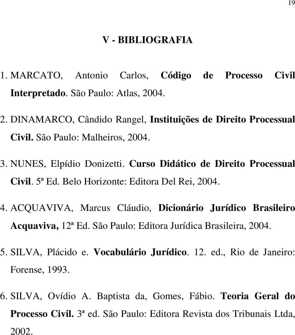 Curso Didático de Direito Processual Civil. 5ª Ed. Belo Horizonte: Editora Del Rei, 2004. 4. ACQUAVIVA, Marcus Cláudio, Dicionário Jurídico Brasileiro Acquaviva, 12ª Ed.