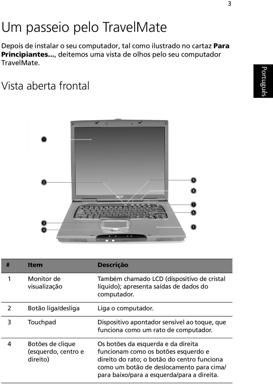 2 Botão liga/desliga Liga o computador. 3 Touchpad Dispositivo apontador sensível ao toque, que funciona como um rato de computador.