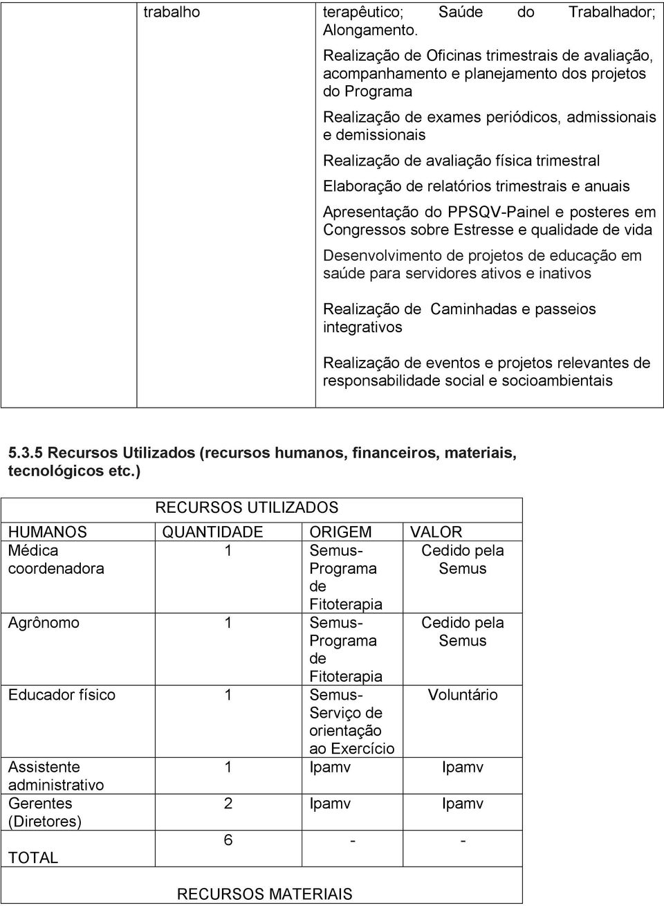 trimestral Elaboração de relatórios trimestrais e anuais Apresentação do PPSQV-Painel e posteres em Congressos sobre Estresse e qualidade de vida Desenvolvimento de projetos de educação em saúde para