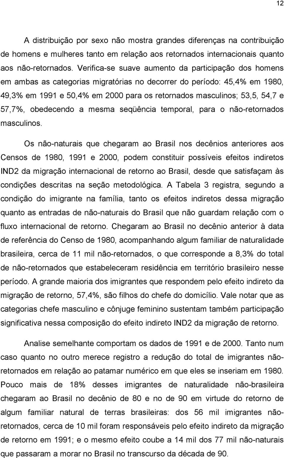 e 57,7%, obedecendo a mesma seqüência temporal, para o não-retornados masculinos.