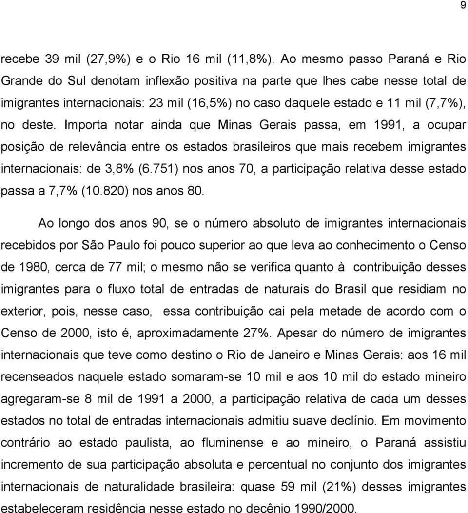 Importa notar ainda que Minas Gerais passa, em 1991, a ocupar posição de relevância entre os estados brasileiros que mais recebem imigrantes internacionais: de 3,8% (6.
