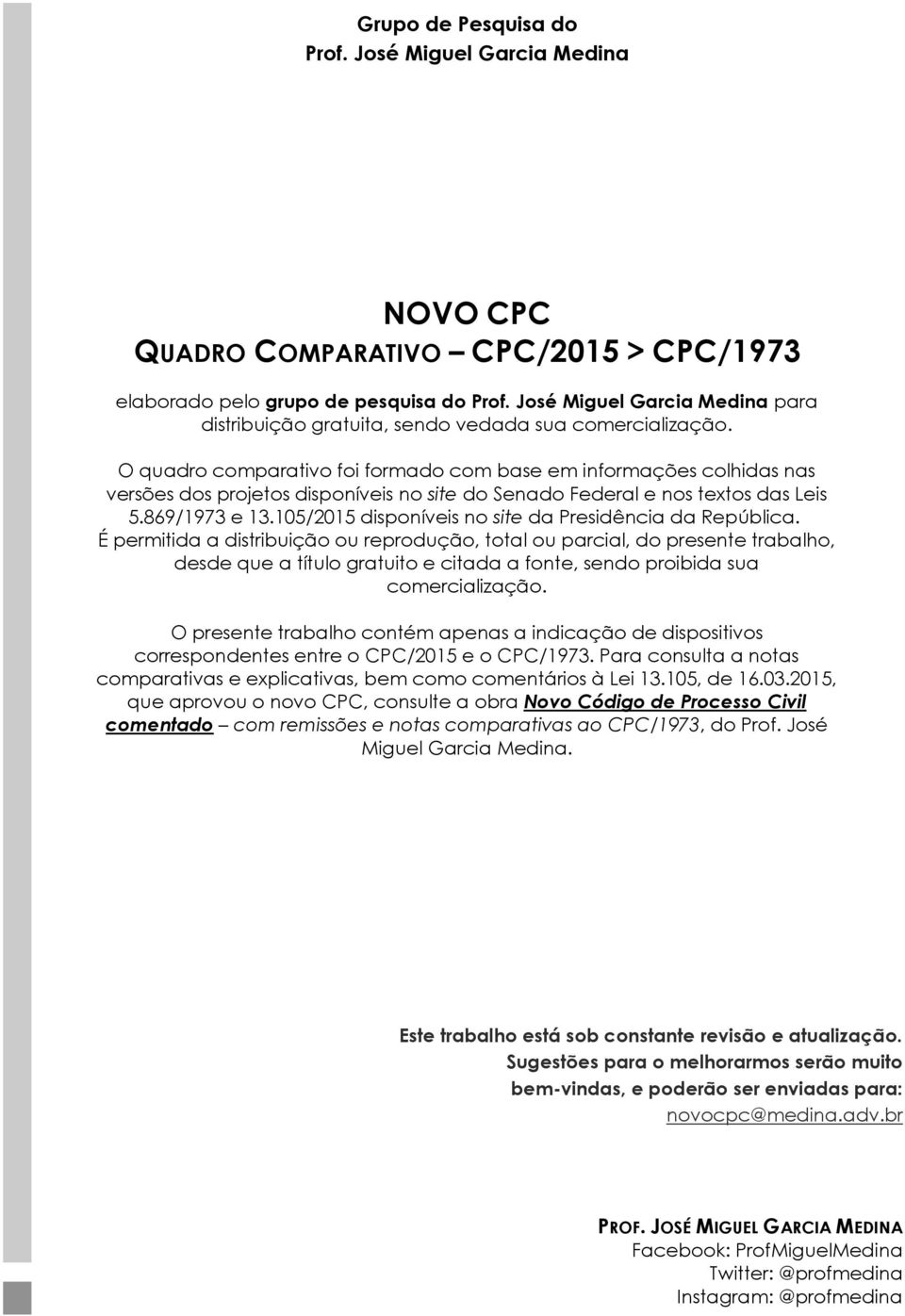 O quadro comparativo foi formado com base em informações colhidas nas versões dos projetos disponíveis no site do Senado Federal e nos textos das Leis 5.869/1973 e 13.