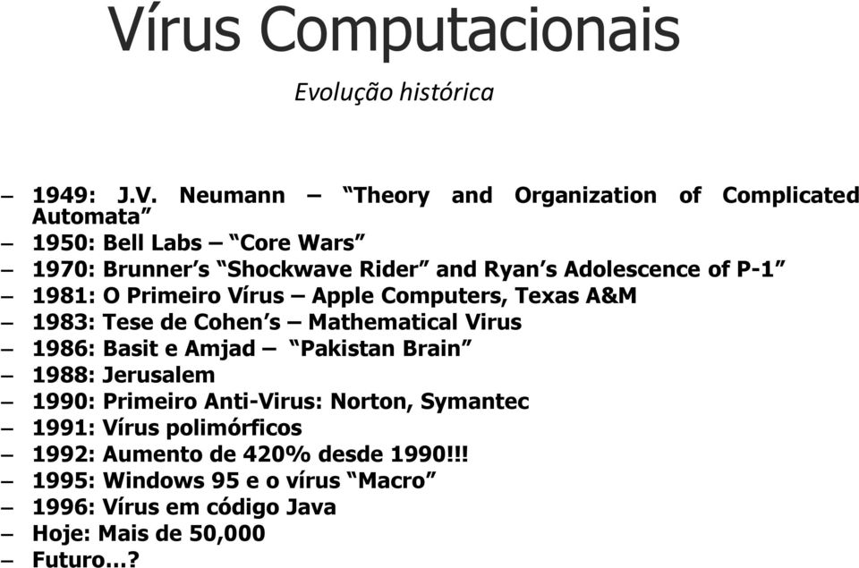 s Mathematical Virus 1986: Basit e Amjad Pakistan Brain 1988: Jerusalem 1990: Primeiro Anti-Virus: Norton, Symantec 1991: Vírus