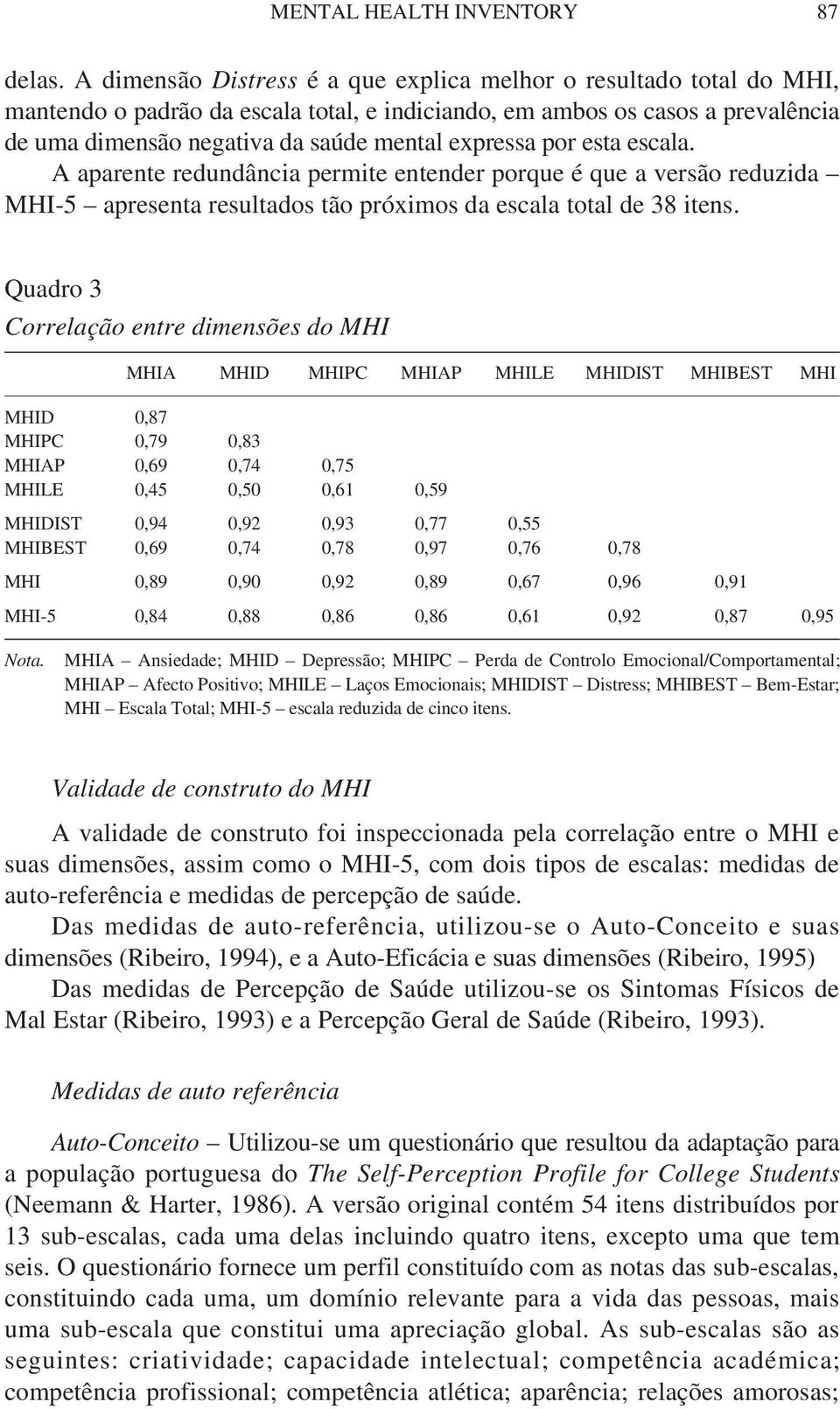 por esta escala. A aparente redundância permite entender porque é que a versão reduzida MHI-5 apresenta resultados tão próximos da escala total de 38 itens.