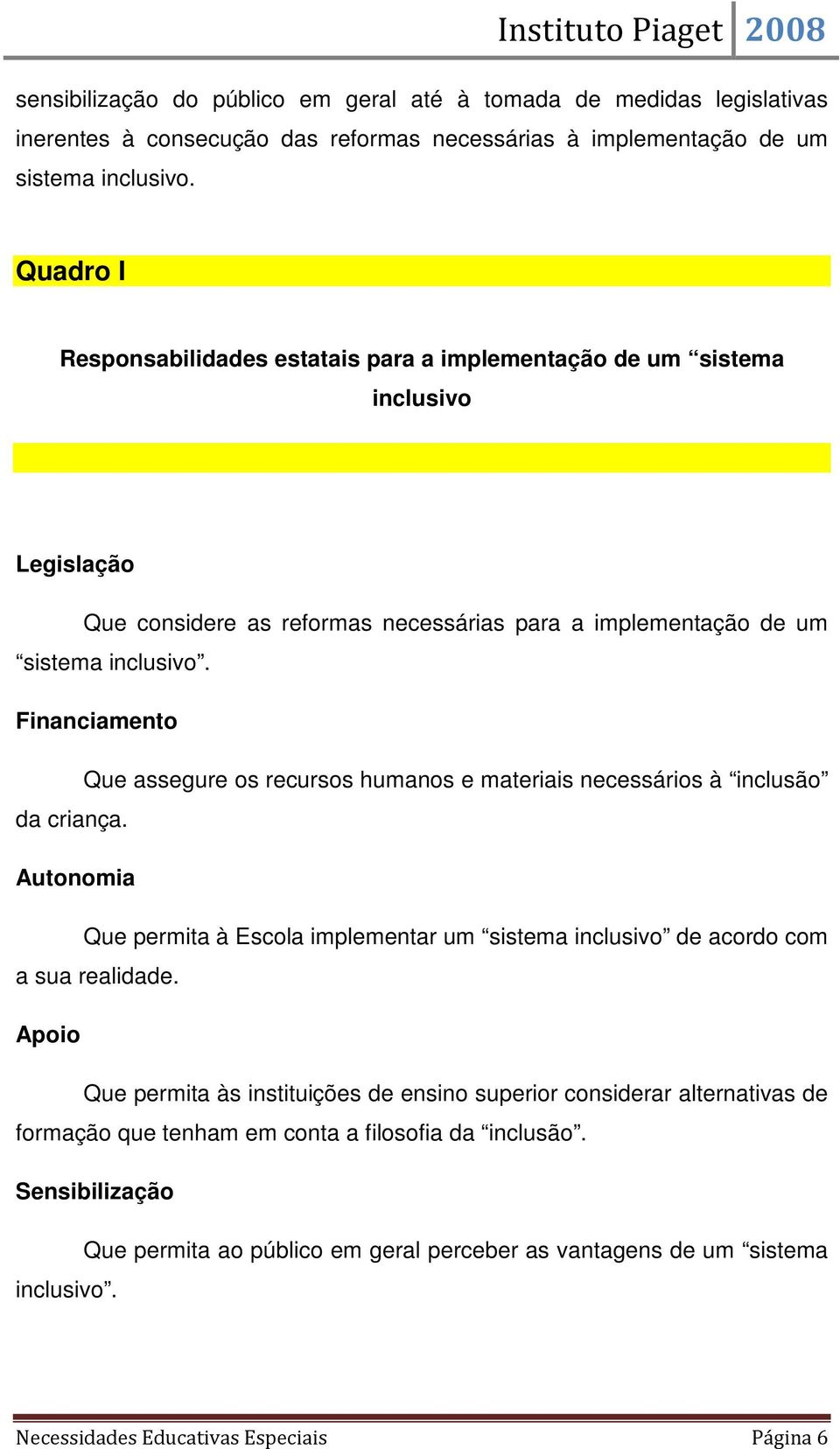 Financiamento Que assegure os recursos humanos e materiais necessários à inclusão da criança. Autonomia Que permita à Escola implementar um sistema inclusivo de acordo com a sua realidade.