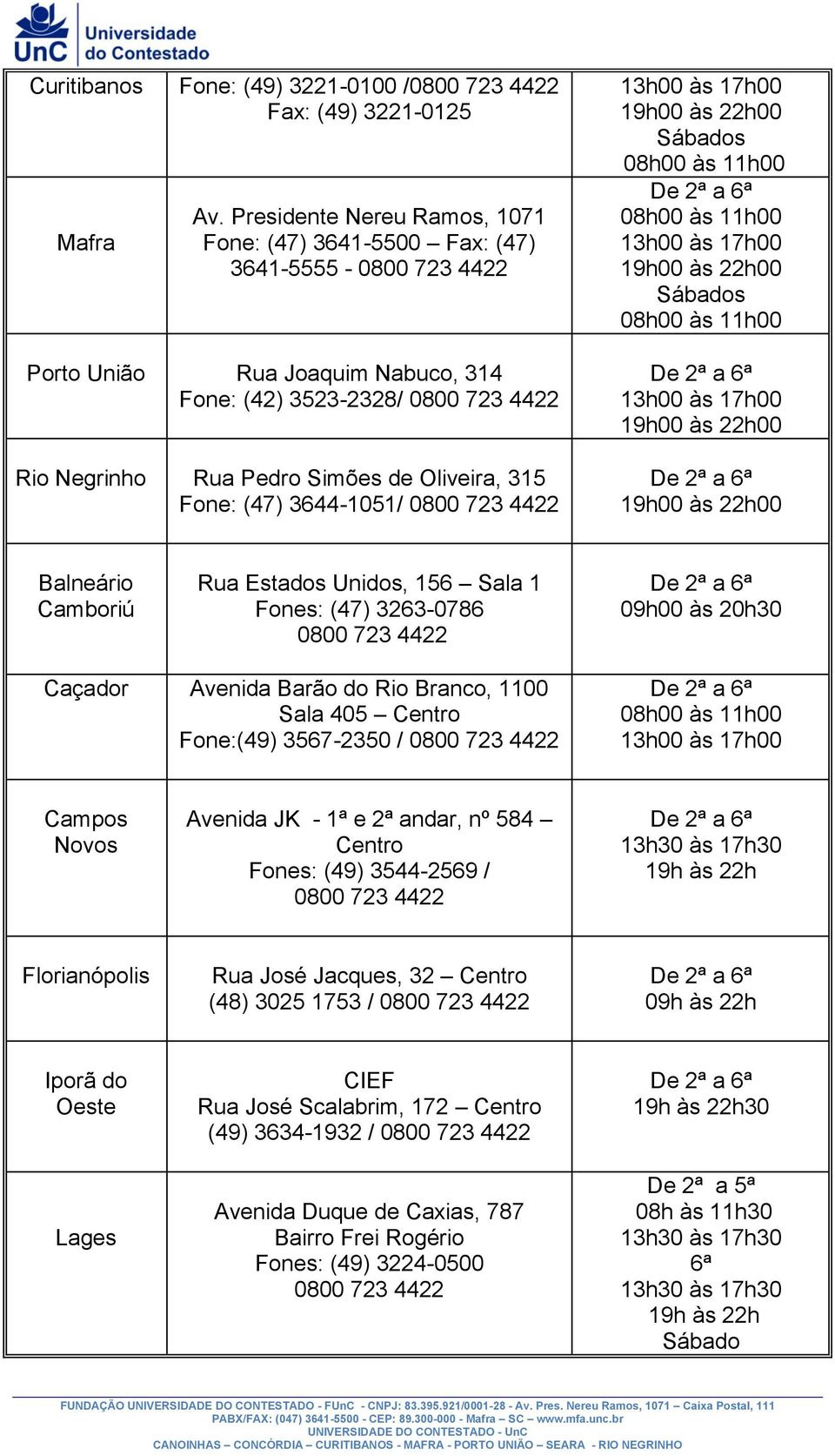 3644-1051/ Balneário Camboriú Rua Estados Unidos, 156 Sala 1 Fones: (47) 3263-0786 09h00 às 20h30 Caçador Avenida Barão do Rio Branco, 1100 Sala 405 Centro Fone:(49) 3567-2350 / Campos Novos