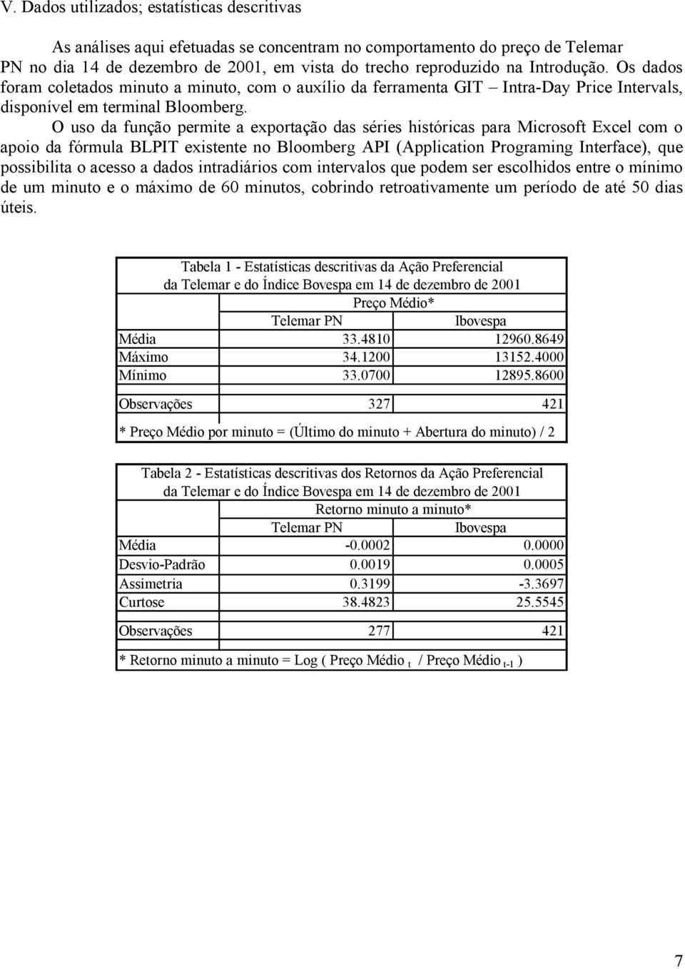 O uso da função permie a exporação das séries hisóricas para Microsof Excel com o apoio da fórmula BLPIT exisene no Bloomberg API (Applicaion Programing Inerface), que possibilia o acesso a dados