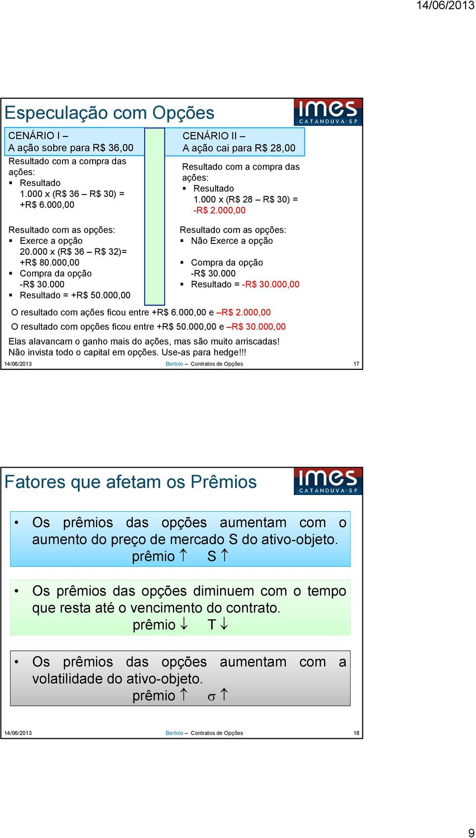 000,00 Compra da opção -R$ 30.000 Resultado = +R$ 50.000,00 Resultado com as opções: Não Exerce a opção Compra da opção -R$ 30.000 Resultado = -R$ 30.000,00 O resultado com ações ficou entre +R$ 6.