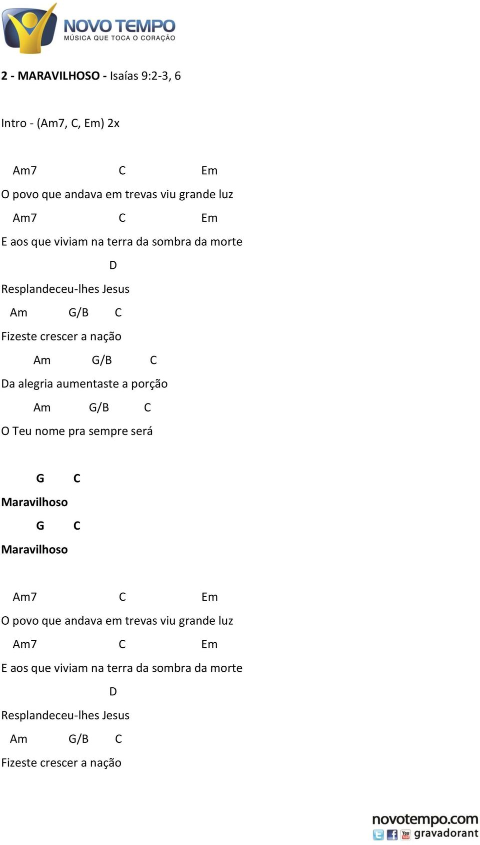 aumentaste a porção Am /B O Teu nome pra sempre será Maravilhoso Maravilhoso Am7 Em O povo que andava em trevas viu