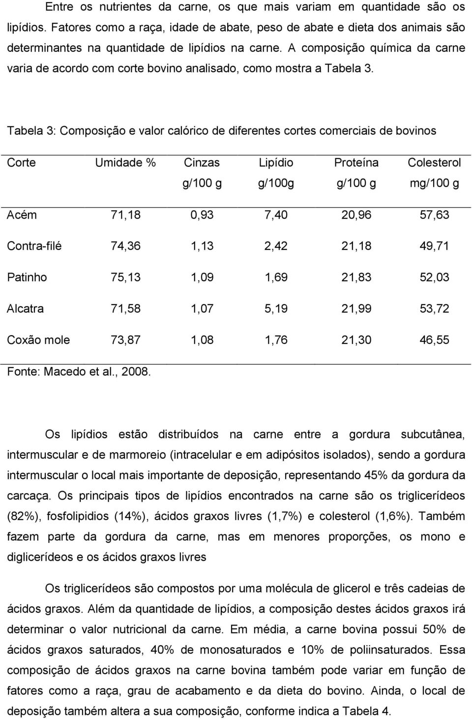 A composição química da carne varia de acordo com corte bovino analisado, como mostra a Tabela 3.