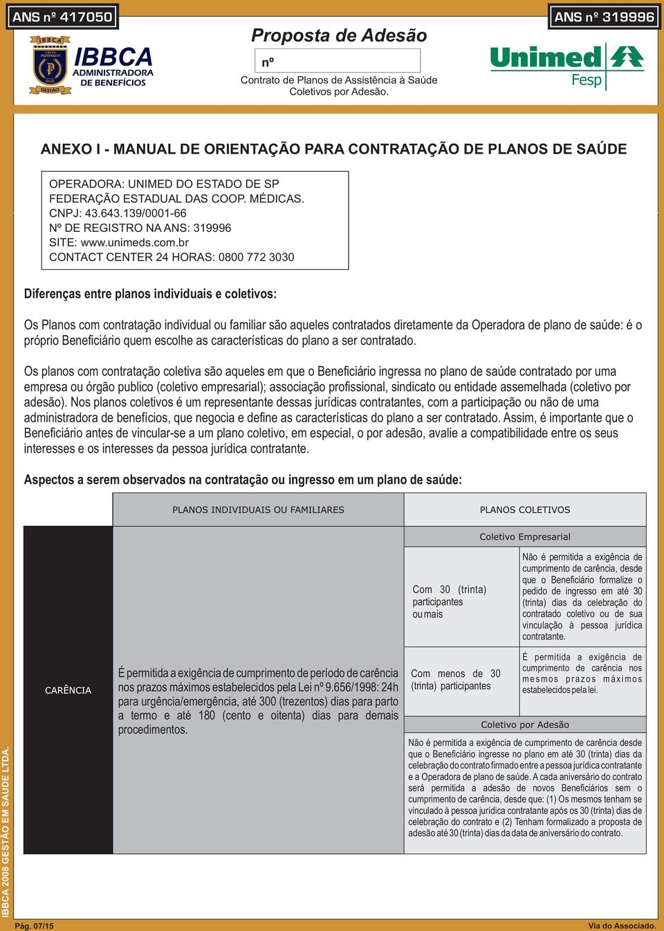 br CONTACT CENTER 24 HORAS: 0800 772 3030 Diferenças entre planos individuais e coletivos: Os Planos com contratação individual ou familiar são aqueles contratados diretamente da Operadora de plano