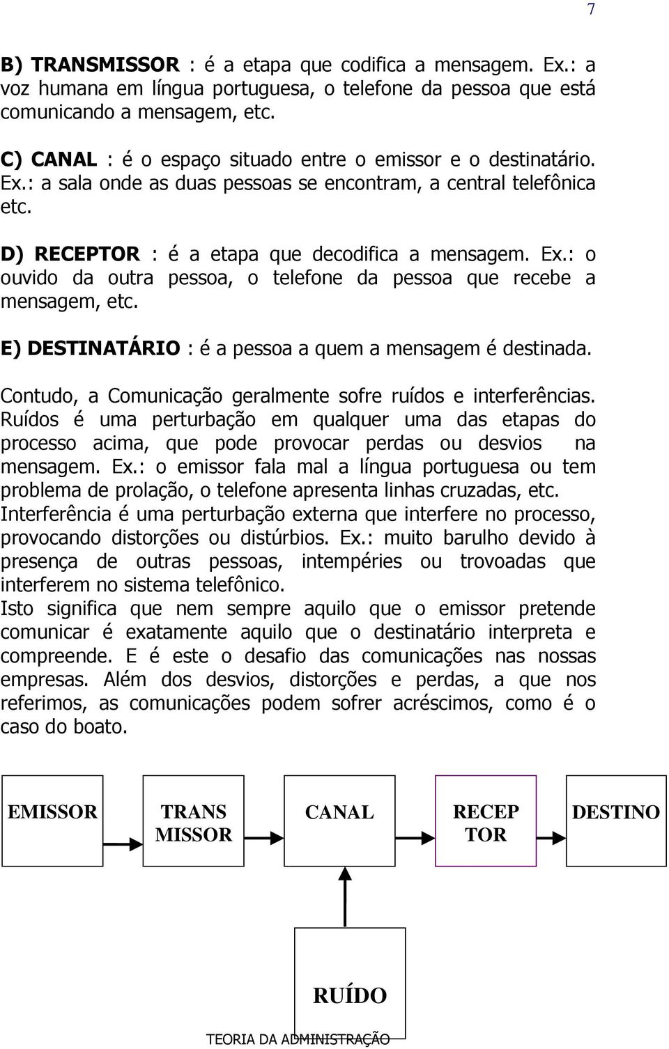 E) DESTINATÁRIO : é a pessoa a quem a mensagem é destinada. Contudo, a Comunicação geralmente sofre ruídos e interferências.