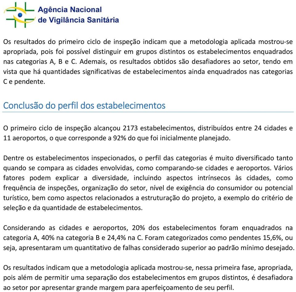 onclusão do perfil dos estabelecimentos O primeiro ciclo de inspeção alcançou 2173 estabelecimentos, distribuídos entre 24 cidades e 11 aeroportos, o que corresponde a 92% do que foi inicialmentee