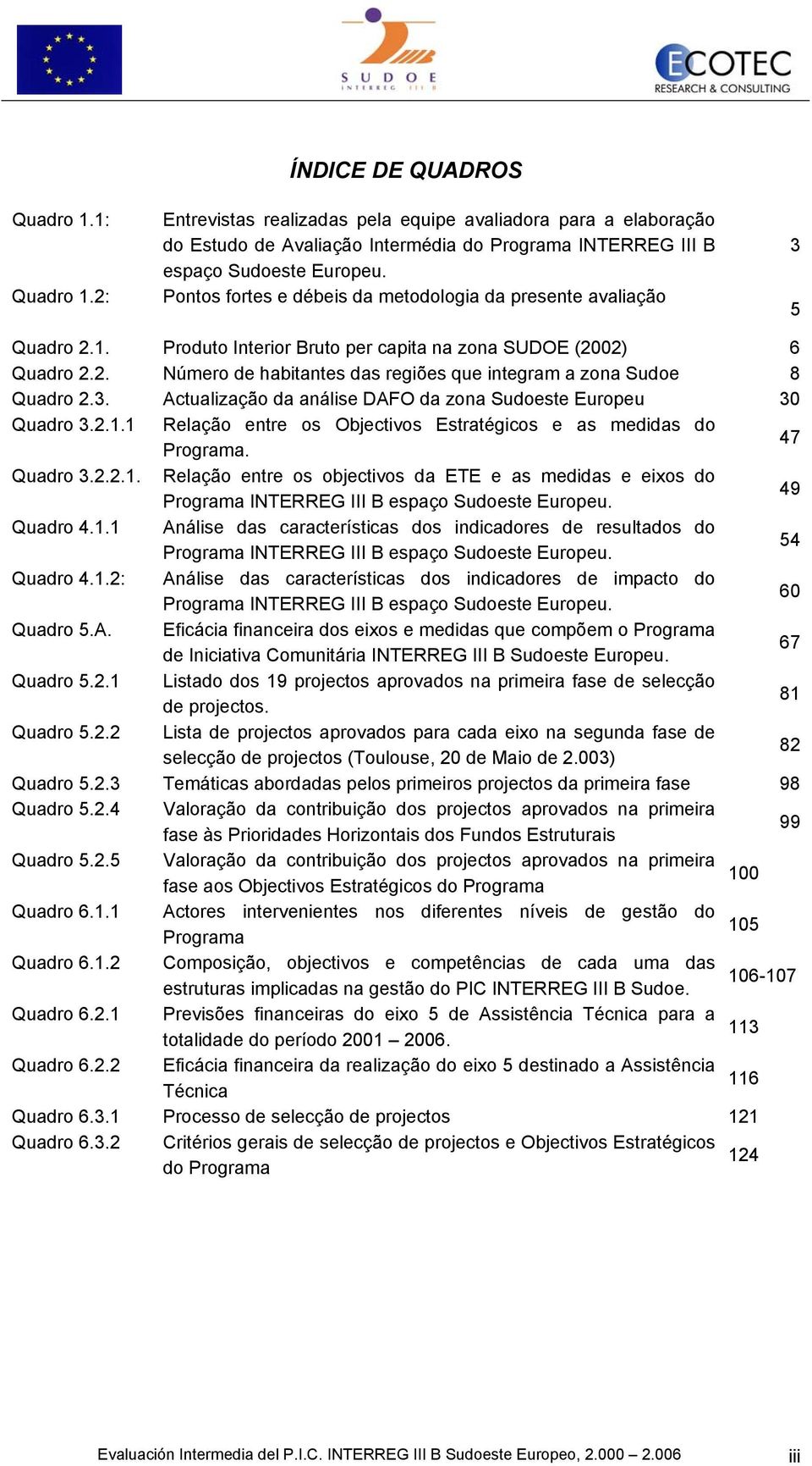 3. Actualização da análise DAFO da zona Sudoeste Europeu 30 Quadro 3.2.1.1 Relação entre os Objectivos Estratégicos e as medidas do Programa. 47 Quadro 3.2.2.1. Relação entre os objectivos da ETE e as medidas e eixos do Programa INTERREG III B espaço Sudoeste Europeu.