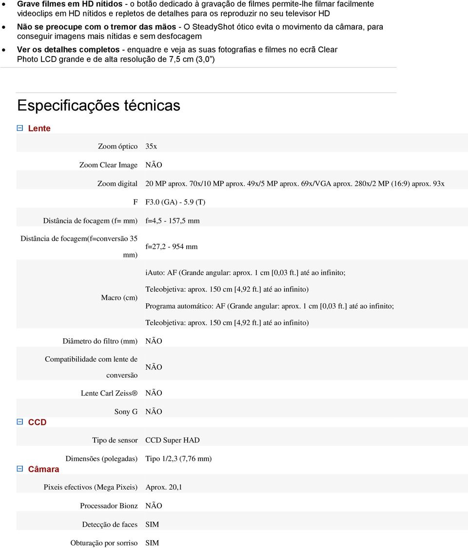 no ecrã Clear Photo LCD grande e de alta resolução de 7,5 cm (3,0 ) Especificações técnicas Lente Zoom óptico 35x Zoom Clear Image Zoom digital 20 MP aprox. 70x/10 MP aprox. 49x/5 MP aprox.