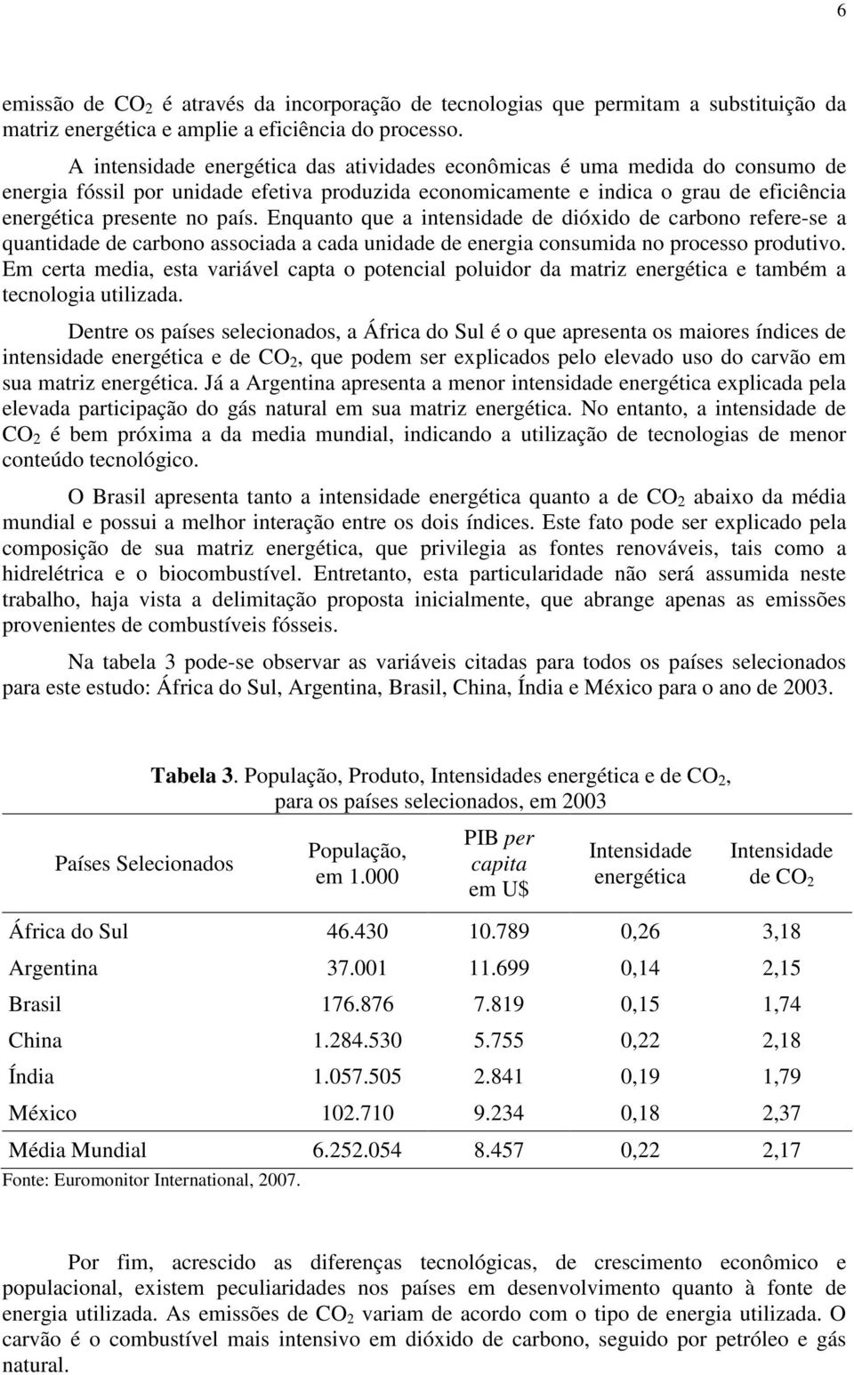 Enquanto que a intensidade de dióxido de carbono refere-se a quantidade de carbono associada a cada unidade de energia consumida no processo produtivo.