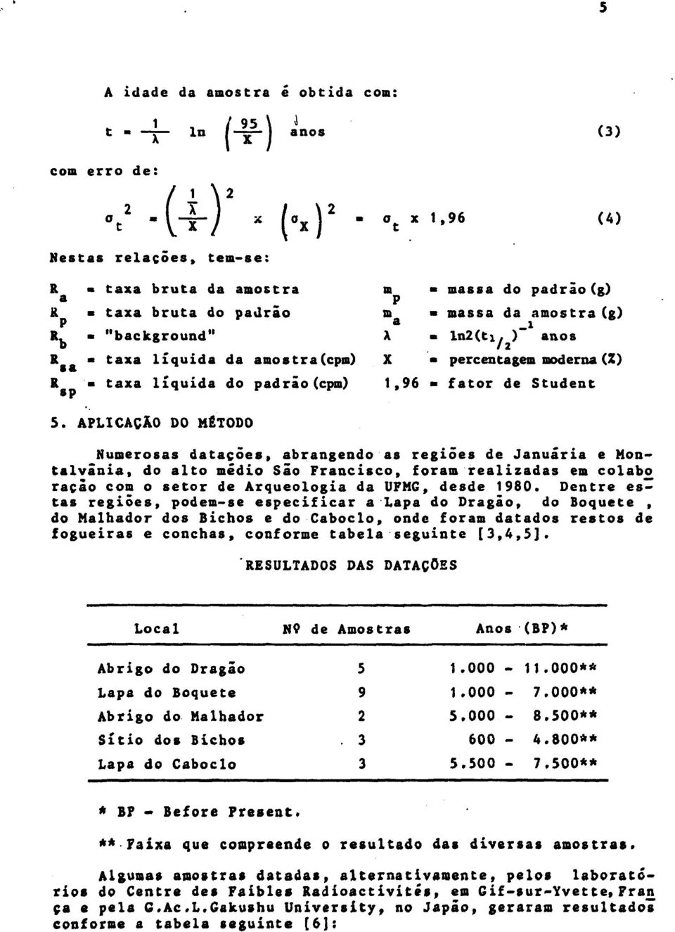 )~ anos * percentagem moderna (Z) «fator de Student Numerosas datações, abrangendo as regiões de Januária e Montalvania, do alto médio Sâo Francisco, foram realizadas em colab ração com o setor de