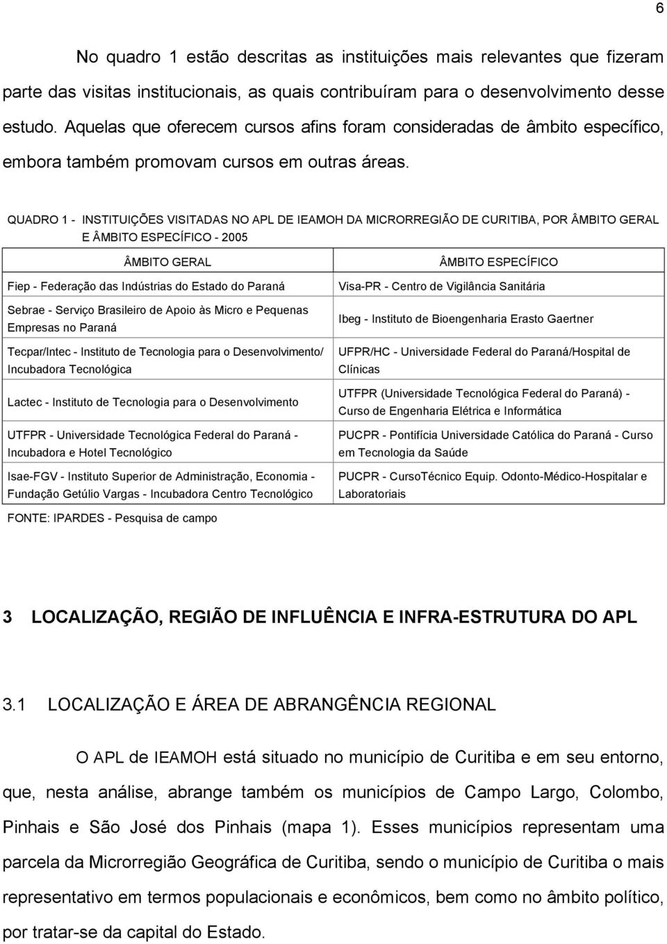 QUADRO 1 - INSTITUIÇÕES VISITADAS NO APL DE IEAMOH DA MICRORREGIÃO DE CURITIBA, POR ÂMBITO GERAL E ÂMBITO ESPECÍFICO - 2005 ÂMBITO GERAL Fiep - Federação das Indústrias do Estado do Paraná Sebrae -