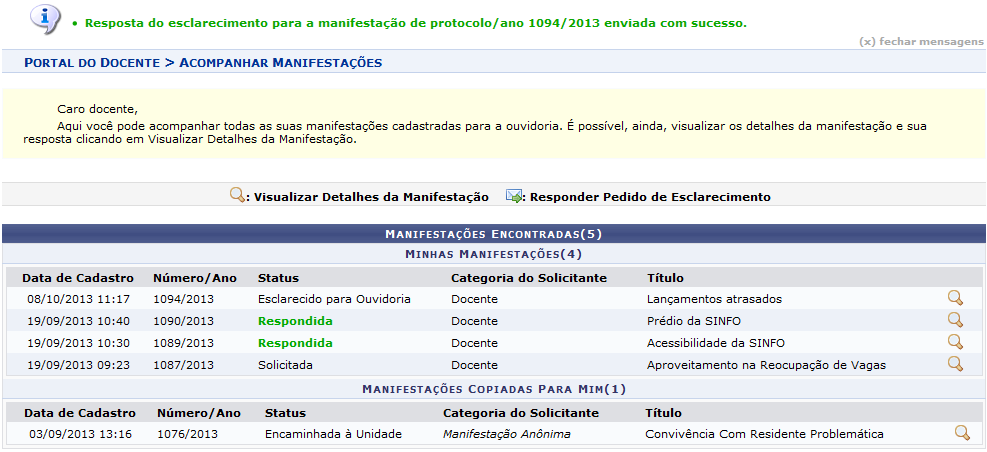 Após confirmar o envio da resposta, ao sistema apresentará a seguinte tela informando o sucesso na