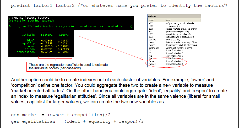 predict factor1 factor2 45 Fonte: Torres-Reyna, Oscar. s.d. Getting Started in Factor Analysis (using Stata).