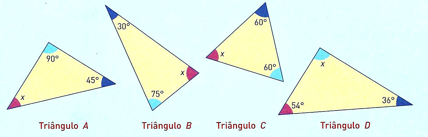 1. Existe algum quadrilátero regular? Se respondeste sim, indica-o. 13. Observa cada um dos triângulos da figura. 13.1. Determina a amplitude do ângulo x em cada um deles. 13.. Classifica cada um dos triângulos quanto aos ângulos e quanto aos lados.