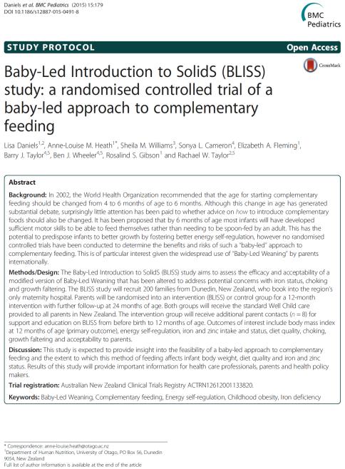 Baby-Led Introduction to SolidS (BLISS) Perguntas não respondidas sobre BLW: Há impacto sobre o crescimento e desenvolvimento? A ingestão de micronutrientes é suficiente?