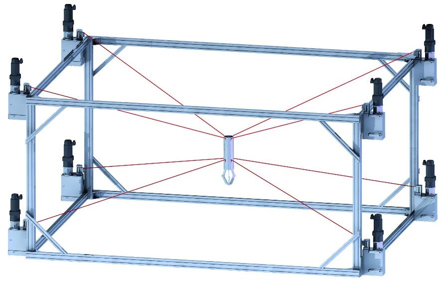 54 Figura 16 - Robô atuado por cabos IPAnema Fonte: (FRAUNHOFER-IPA, 2011) O robô atuado por cabos idealizado para a inspeção de paredes verticais com shearografia no contexto do projeto SHIC2