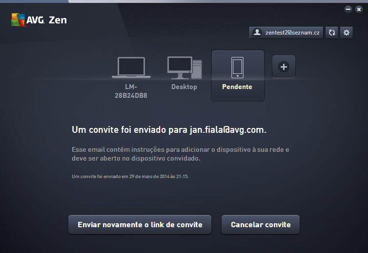 4. O email de convite é enviado. O dispositivo agora é exibido na faixa Dispositivos como pendente. Isso significa que seu convite aguarda aceitação.