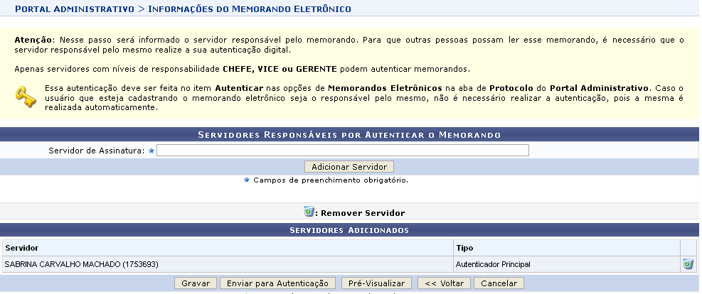 Servidor Adicionado aguardando Autenticação CHEFE Imediato adicionado.