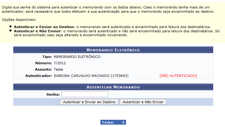 Autenticação de memorando Utilizar a