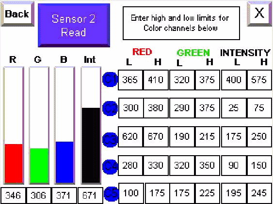 Validação do sistema e dicas de aplicação Capítulo 2 Armazenamento e leitura de amostras de cores 1. Na tela Network Overview do PanelView Component, toque em Sensor 1 e em S1 RGB Values.