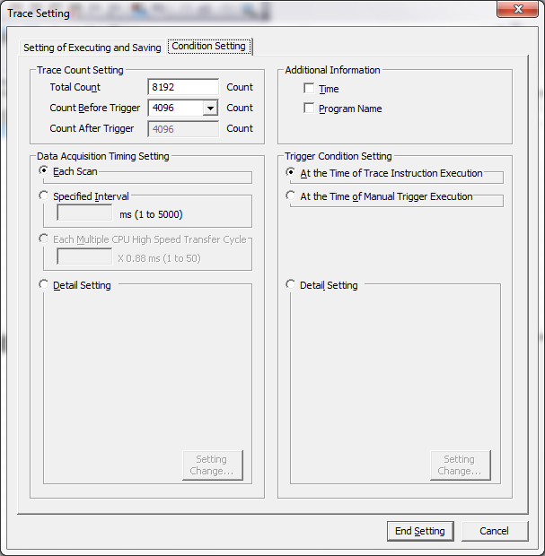 g) Ainda na janela de configuração Trace Setting, selecione a aba Condition Setting ; 1) Selecione a quantidade de amostras