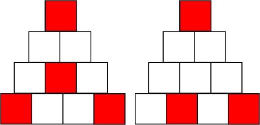 23. Ofélia tem quatro cubos vermelhos, três cubos azuis, dois cubos verdes e um cubo amarelo. Ela constrói a torre ao lado de tal forma que dois cubos vizinhos têm sempre cores diferentes.