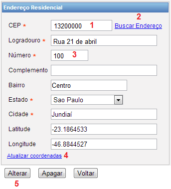 Se as informações de LATITUDE e LONGITUDE estiverem incorretas, digite as coordenadas certas e clique no botão ALTERAR (veja abaixo instruções para localizar coordenadas no quadro OBSERVAÇÃO 1 logo