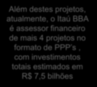 Temos interesse em financiar as PPP s Projetos de PPP s com atuação do Itaú BBA: PPP Patrocinada Linha 4 Metro São Paulo PPP Administrativa Sistema de Disposição Oceânica do Jaguaribe CENTRAD PPP