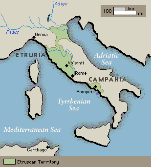 É provável que os etruscos tenham se originado na Ásia menor e se assentado no centro-oeste da Itália, a partir do século VII a.c. Poucas edificações etruscas sobreviveram.