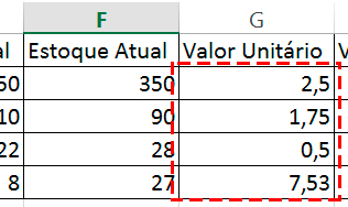 Para que possamos encontrar o Valor atual do estoque, vamos preencher o valor unitário de cada produto. Digite os valores indicados na imagem a seguir. 3.