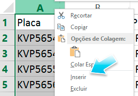 Vamos inserir uma nova coluna para adicionar a data do abastecimento. Dê um clique com o botão da direita do mouse sobre a coluna A.