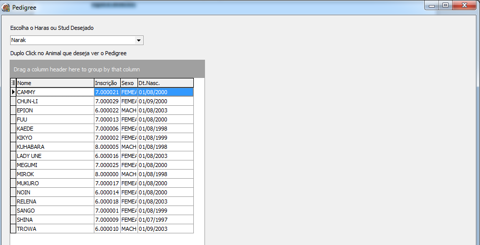 ~ 21 ~ Na tela seguinte, escolha o Haras ou Stud desejado e na lista que surge dê um duplo clique no nome do animal que deseja visualizar o pedigree.