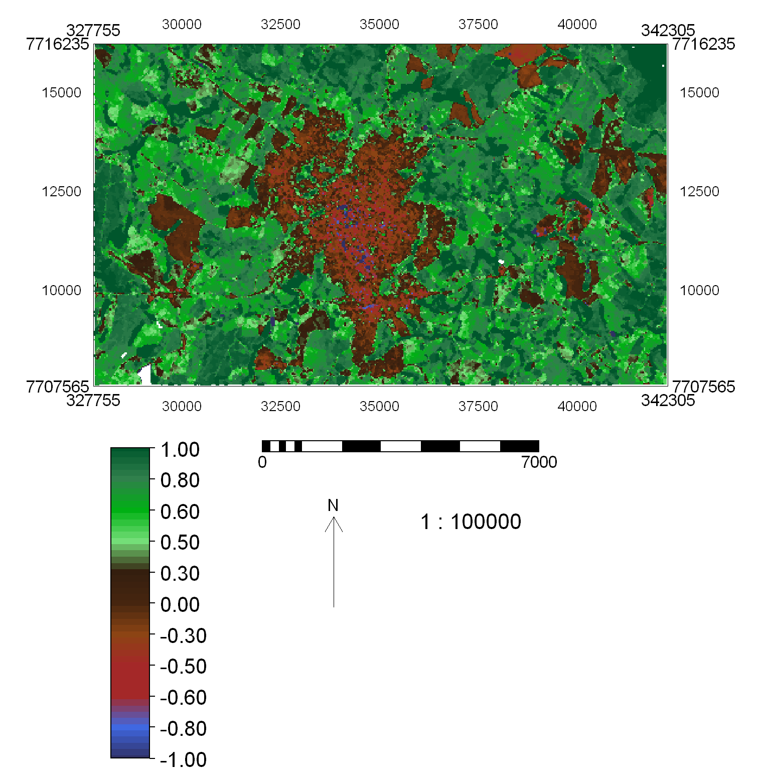 Após a sua aplicação, o resultado é uma imagem que varia de -1 a +1. Quanto mais próximo a +1, maior a densidade da cobertura vegetal.