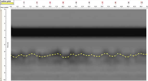 força de reflexão, c) a linha amarela indica os picos de amplitude máxima da onda directa ao solo.