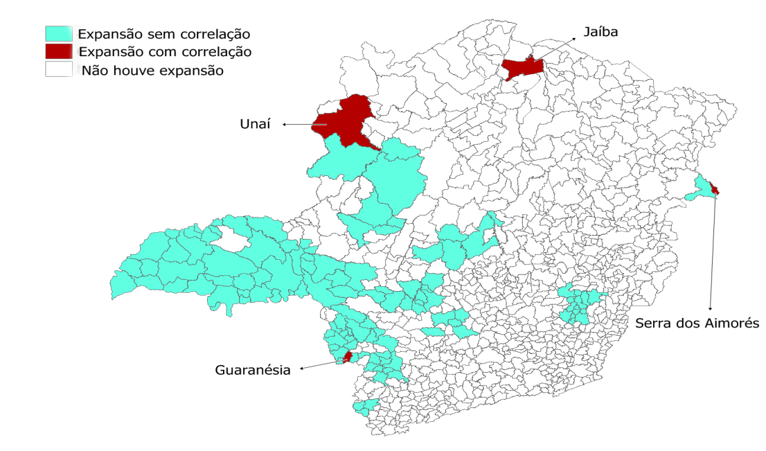 Figura 34 Correlação entre os municípios que apresentaram expansão no plantio de cana-de-açúcar e os acidentes com lagartas em Minas Gerais.