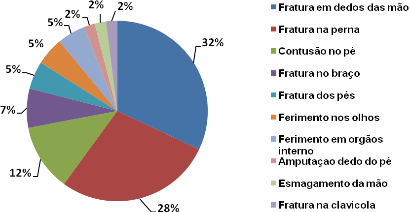 A Figura 4 caracteriza as principais lesões decorrentes do acidente de trabalho nas indústrias madeireiras, destacando-se com 32% a fratura nos dedos da mão, provavelmente ocasionadas pela