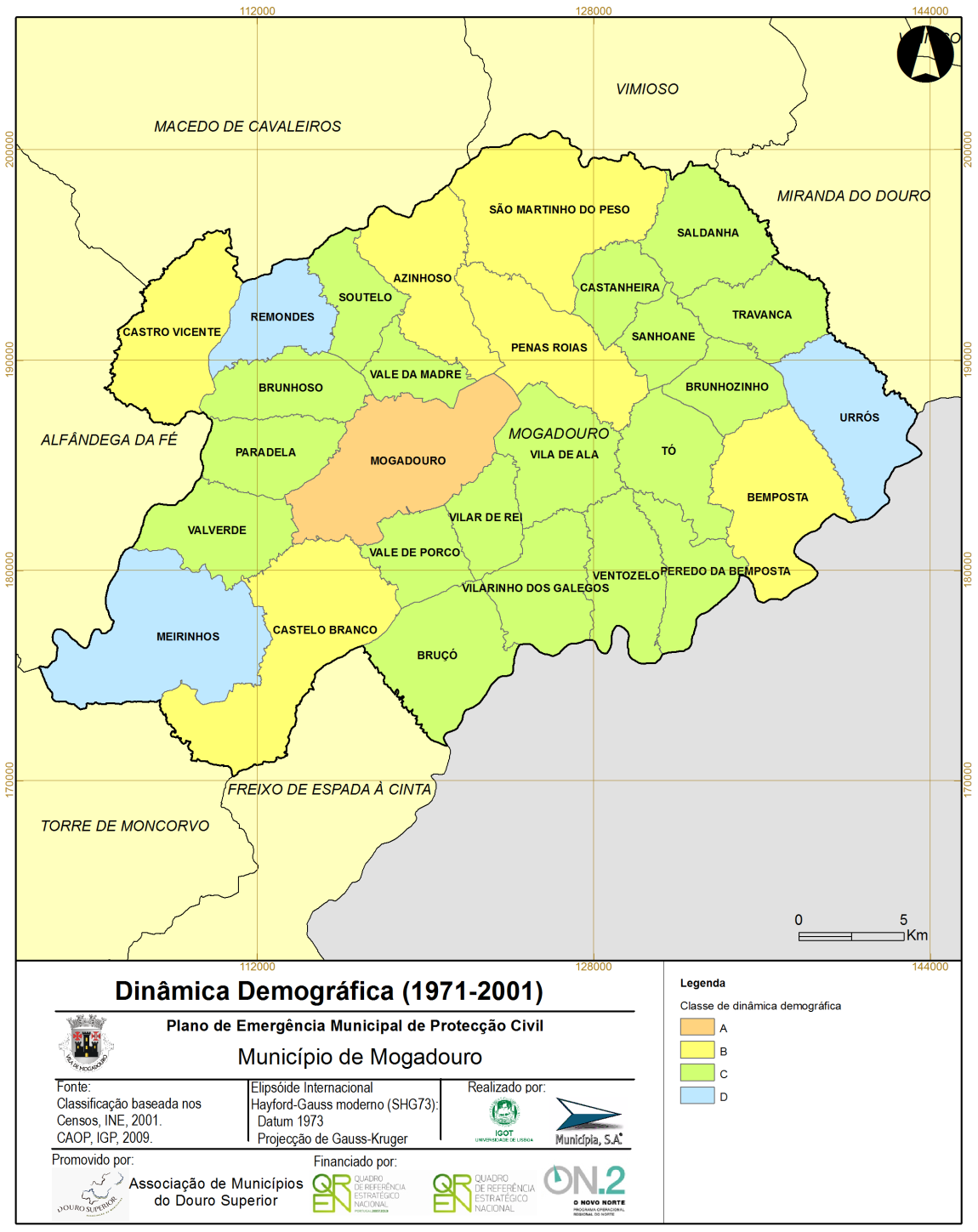 Mapa 15 Carta Municipal de Síntese da Dinâmica Demográfica entre 1971 e 2001 do Mogadouro Apresenta igualmente a densidade populacional mais elevada (cerca de 75 hab/km 2 ), que em 2001 era mais de