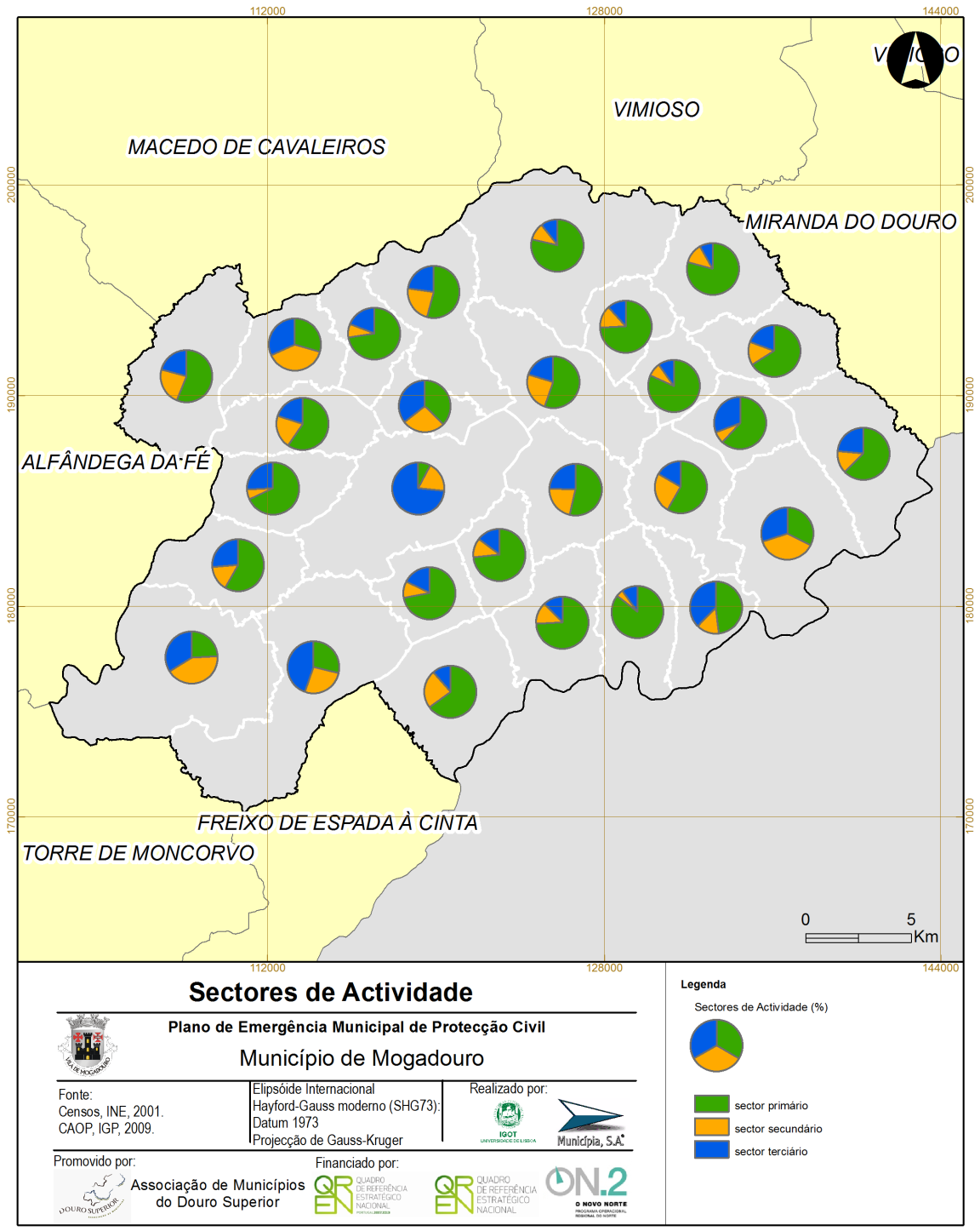 Mapa 18 Carta Municipal dos Sectores de Atividade No primeiro grupo incluem-se as freguesias mais rurais, tais como Castanheira, Paradela, Saldanha, Sanhoane, São Martinho de Peso, Soutelo, Vale de