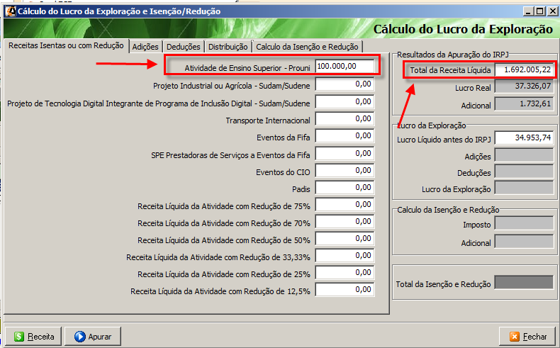 Após isso, deverá ser informado na tela o Total da Receita Liquida e a